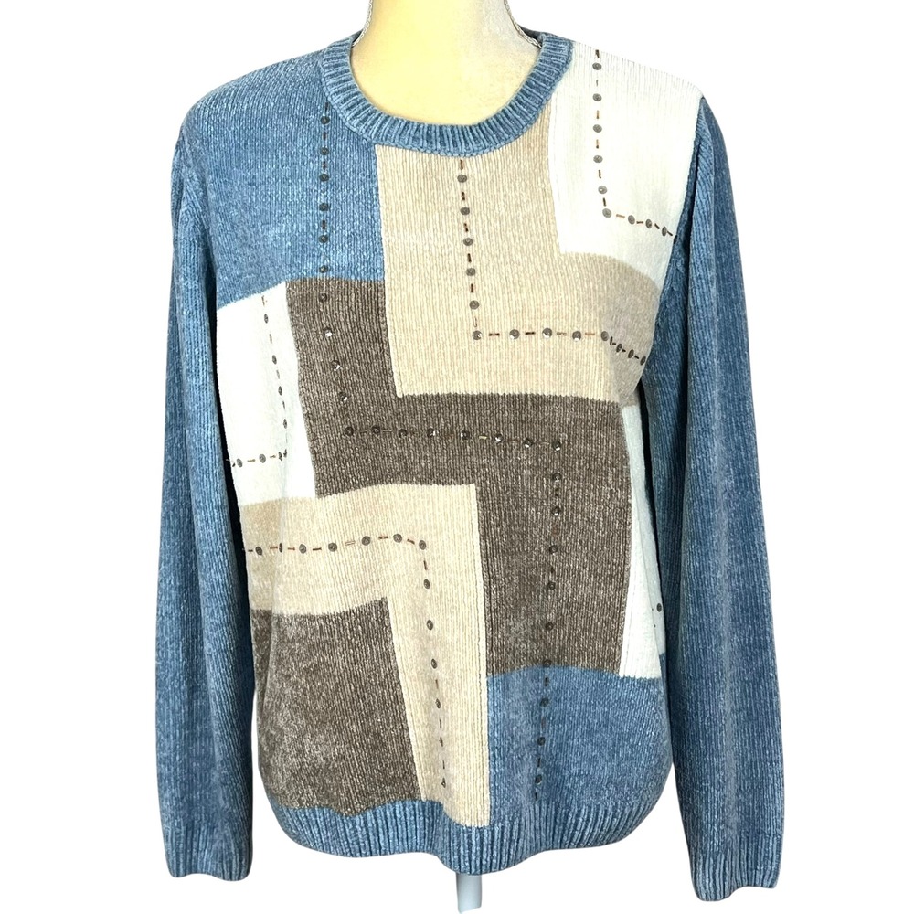 Alfred Dunner Women's Patchwork Sweater Long‎ Sleeve Crew Neck Blue Tan Knit M